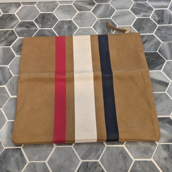 Clare V. The Foldover Clutch Camel Americana Stripe Leather Handbag - Picture 3 of 9